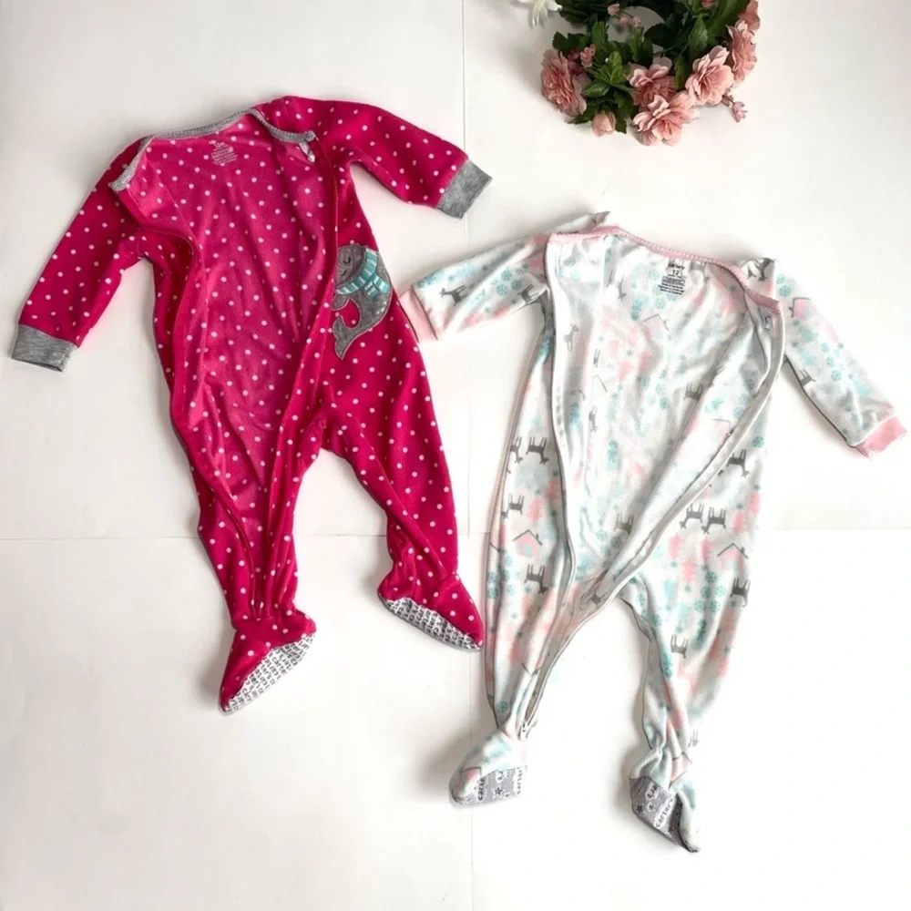 Carter's Fleece Footed Onesie Baby Girl Pajamas Bundle of 2